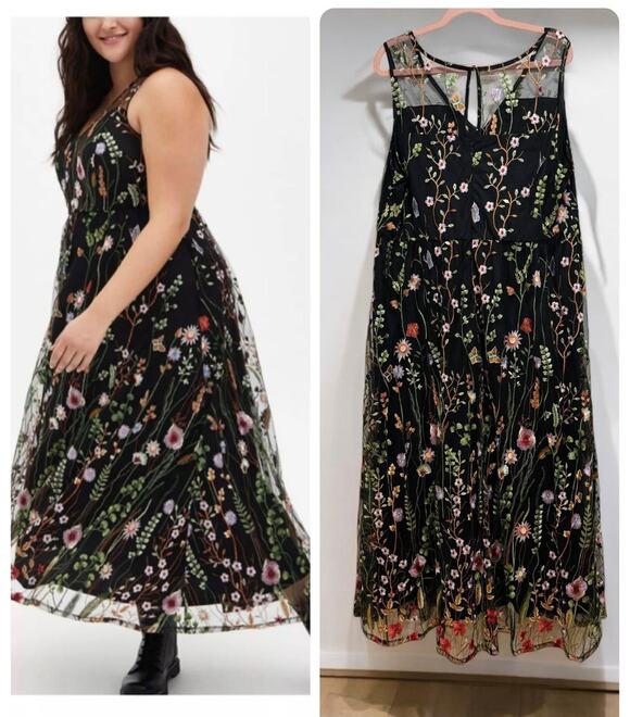 torrid Dresses & Skirts - Torrid Size 18 Black Floral Embroidered Mesh Overlay Formal Cocktail Maxi Dress